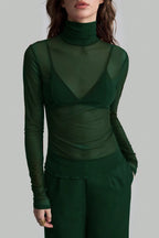 Stand Collar Solid Mesh Slim Fit Long Sleeve Tee