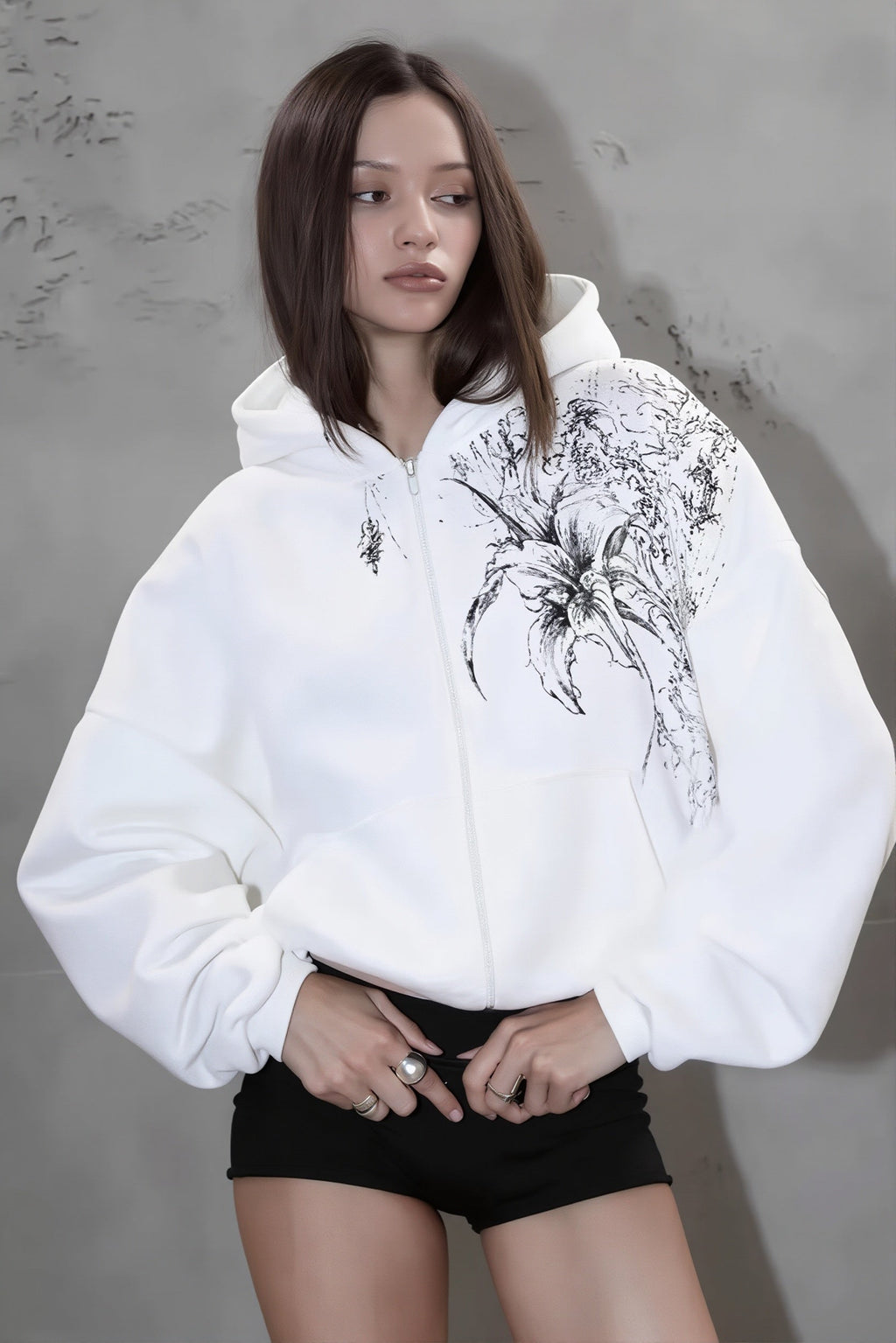 Floral Print Fleece Zip Up Hoodie