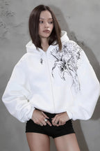 Floral Print Fleece Zip Up Hoodie