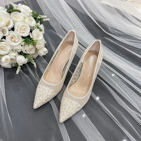 High heels women's slim heels sequins sexy mesh bridal wedding shoes bridesmaids' lace wedding shoes banquet dress shoes