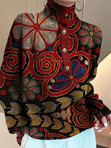 Long Sleeves Buttoned Knitted Flower High Neck Shirts Tops