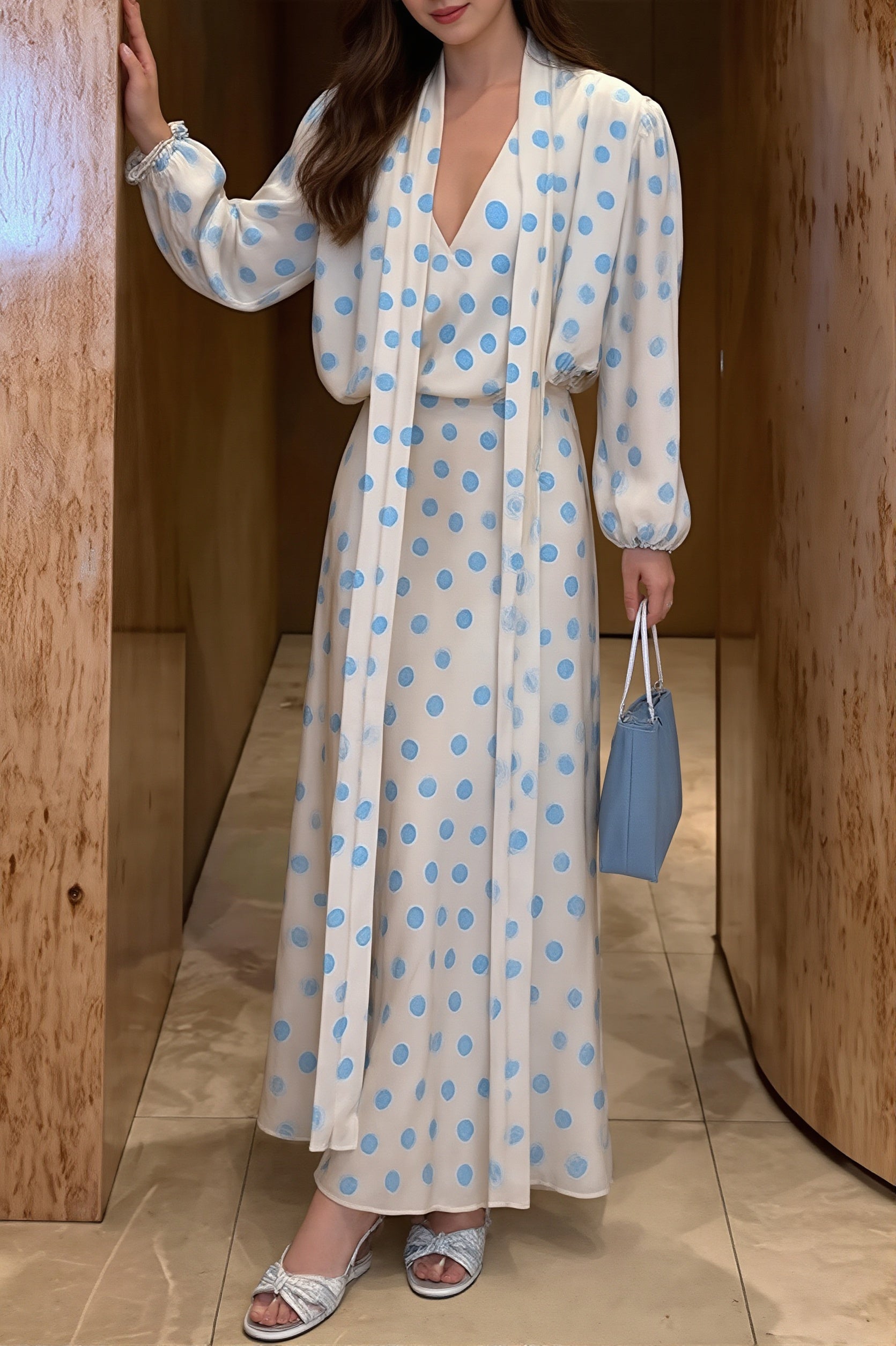 Vintage Polka Dot Sash Maxi Dress