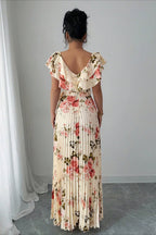 Floral Print Ruffle Sleeve V Neck Pleated Elegant Maxi Dress