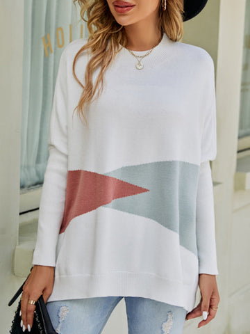 Batwing Sleeves Long Sleeves Contrast Color Round-Neck Knitwear Pullovers Sweater Tops