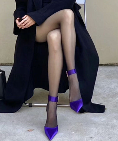 Sandalias elegantes de tacón alto con tiras y hebilla moradas 