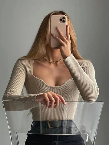 2024 neue frauen stricken pullover Top lange-arm herz-neck Casual mode Frau Slim-fit Engen gestrickte pullover pullover tops 