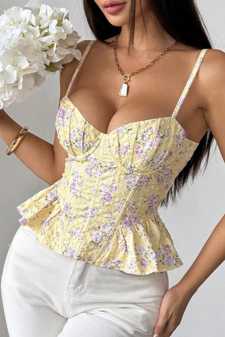 Sexy Floral Lace Up Backless Strapless Ruffle Cami Top