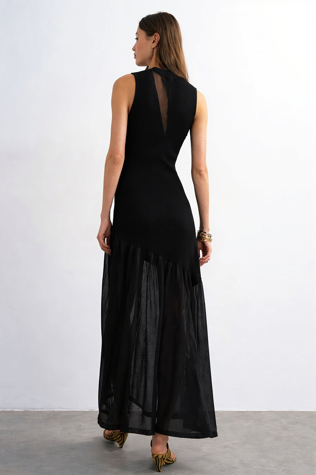 Ribbed Knit Mesh Splice Maxi Dress