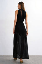 Ribbed Knit Mesh Splice Maxi Dress