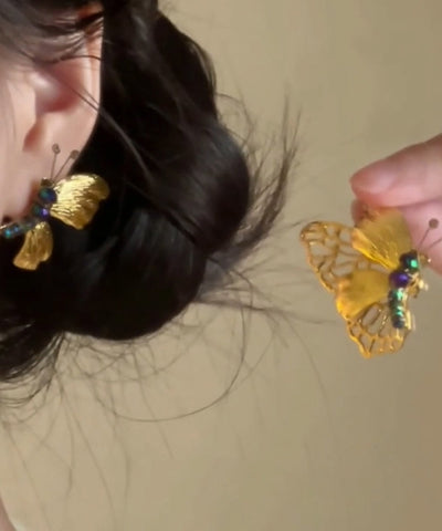 Chinese Style Gold Alloy Butterfly Beading Stud Earrings