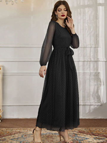 Maxi Dress Jewel Neck Long Sleeves Casual Sheer Sash Long Dress