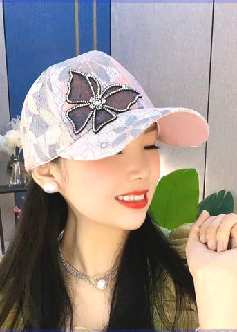 Gorra de béisbol elegante con diseño de mariposas y retazos de circonitas y encaje azul 