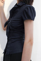 Commuter Preppy Bow Tie Button Down Blouse