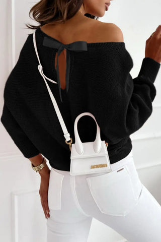 chic black ribbon bow knot dolman sleeve sweater