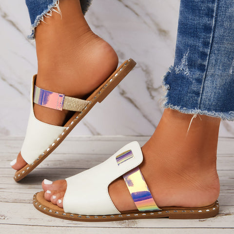 Bunte, offene Zehenpartie zum Hineinschlüpfen, flache Hausschuhe, Slide-Sandalen 