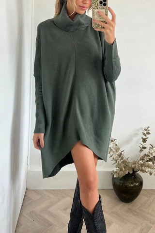 Suéter holgado midi de cuello alto con dobladillo alto y bajo, perfecto para paseos invernales 