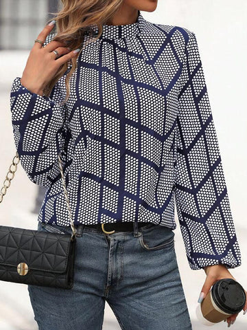 Blusas y camisas de manga larga, sueltas, elásticas, plisadas, con lunares y cuello alto 