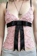 Sweet Color Block Bow Lace Cami Top
