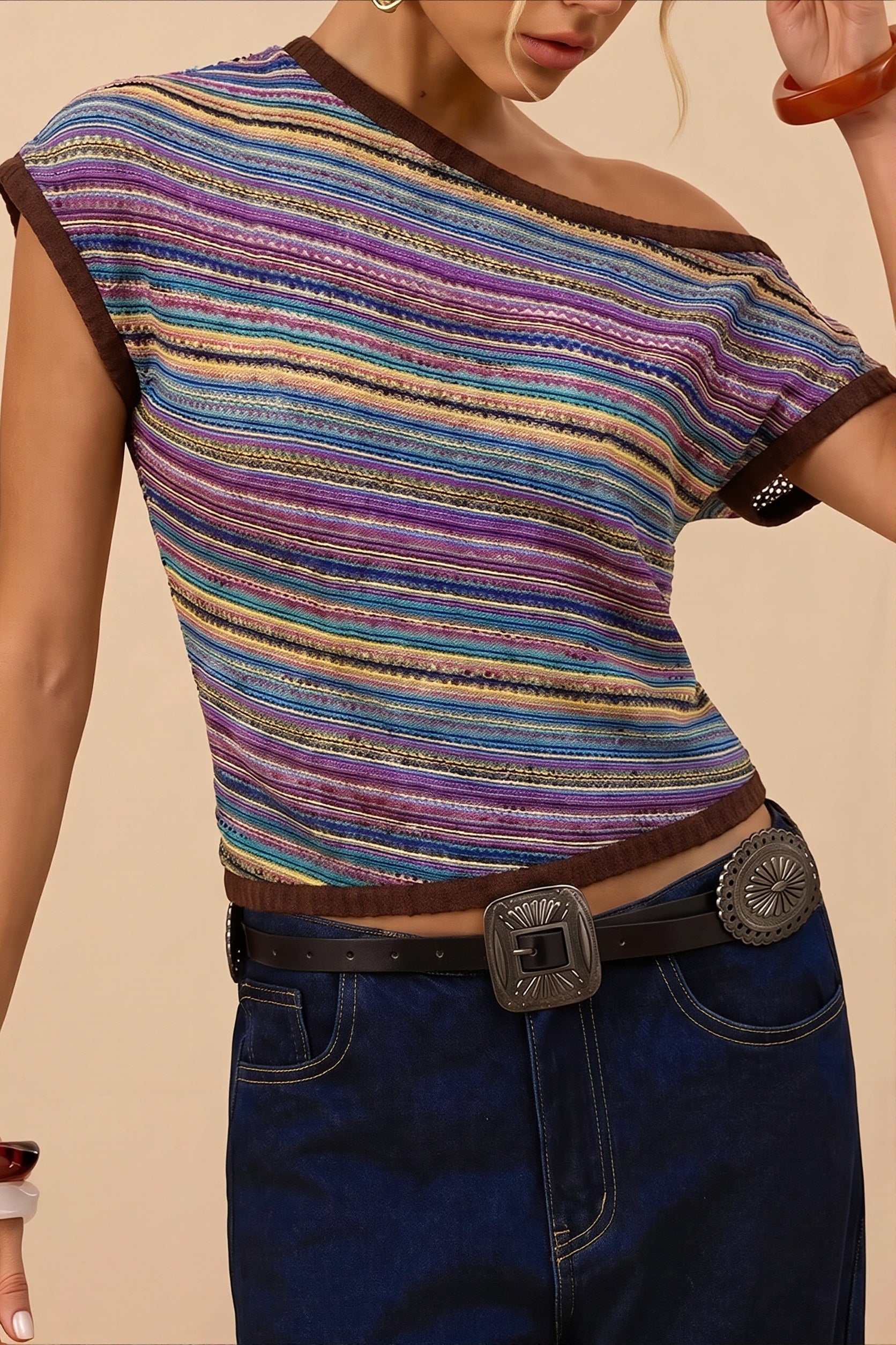 Vintage Color Knit Slim Striped Blouse