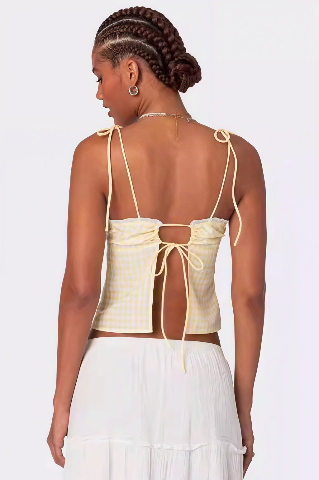 Tie Back Lace Trim Plaid Cami Top