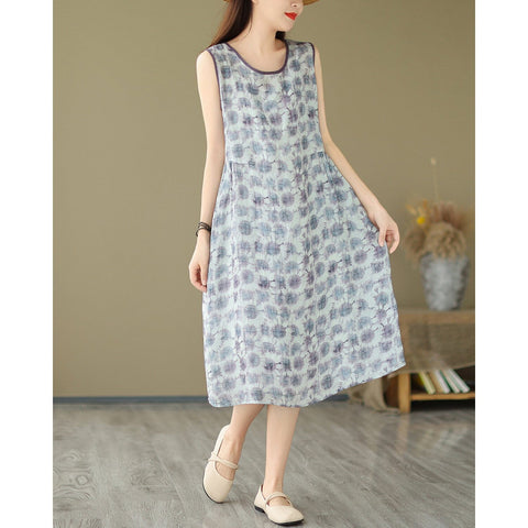 Summer Stylish Casual Sleeveless Linen Floral Dress