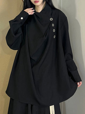 Blusas y camisas de manga larga, sueltas, asimétricas, plisadas, con abertura y cuello alto 