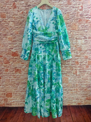 Maxi Dress V-Neck Long Sleeves Bohemian Floral Print Layered Pleated Long Dress