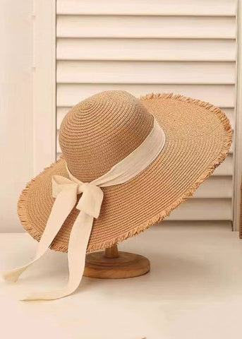 Nuevo sombrero de pescador tejido de paja con lazo blanco y cordón ajustable 