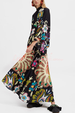 Shine The Light Unique Printed High Neck Bell Sleeve Loose Maxi Dress