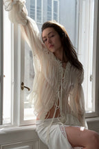Solid Ruched Ruffle Tie Blouse