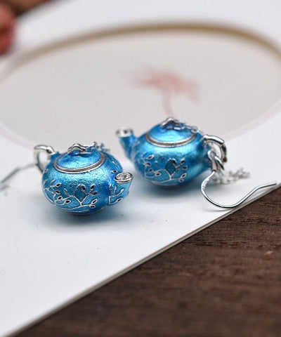 Chinese Style Blue Sterling Silver Cloisonne Plum Blossom Teapot Hoop Earrings