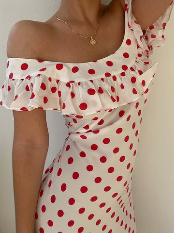 Summer Dress Maxi Dresses White Bateau Neck Ruffles Polka Dot Polyester Beach Dress