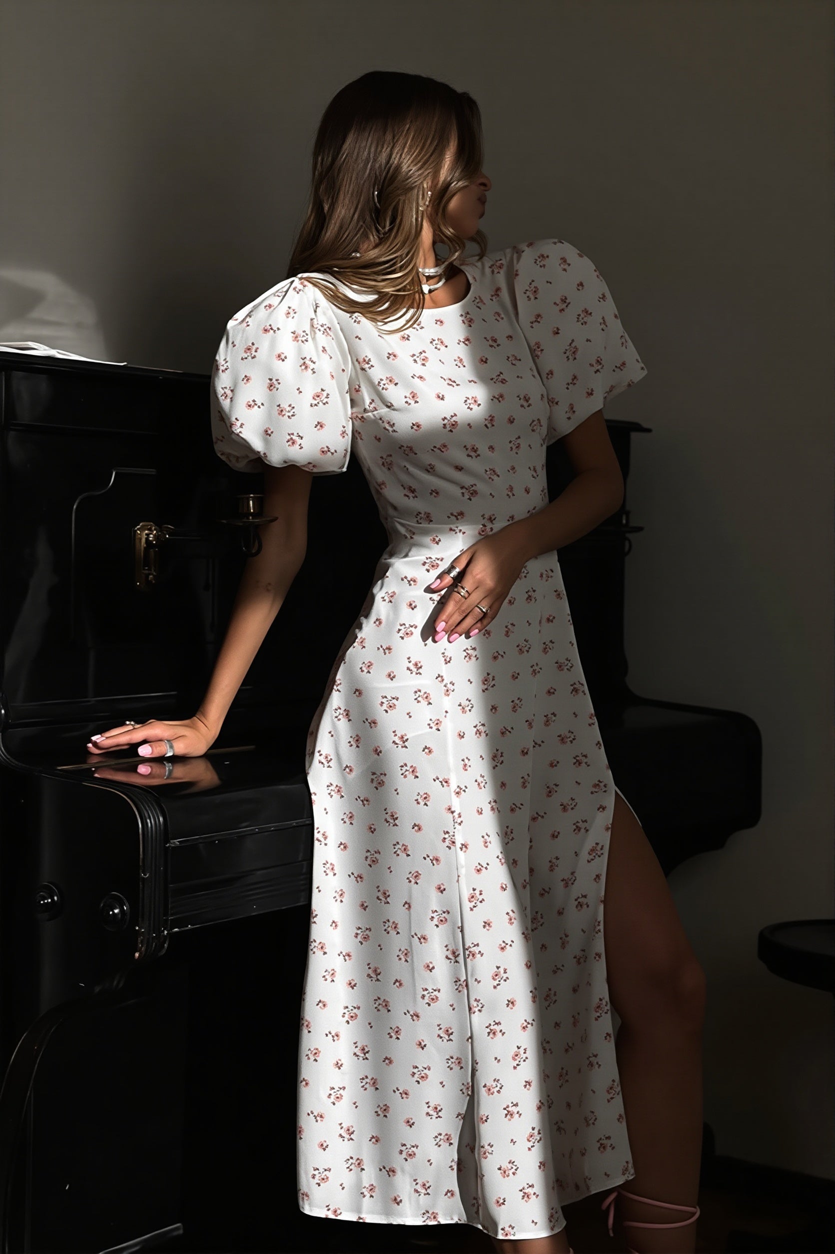Floral Split Puff Sleeve Elegant Maxi Dress