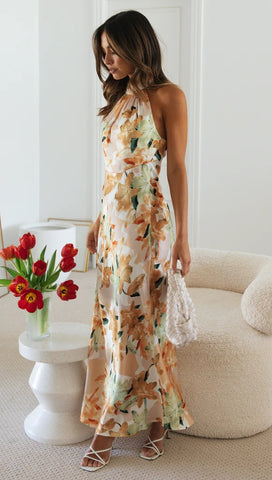 Floral Print Halter Backless Flowy Vacation Maxi Dresses
