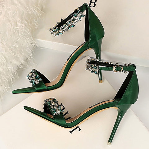 Sandalias de tacón alto de 9 cm con cristales para mujer, para boda, novia, tacones de aguja, sandalias con purpurina, zapatos elegantes de stripper con tiras de satén. 