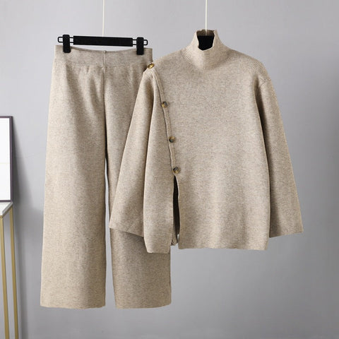 Stand Collar Slit Knitted Turtleneck Sweater Women Winter Warm Anti-Aging Casual Wide Leg Pants Set