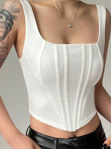 Tops cortos de verano 2024, sexys, con cuello cuadrado, ajustados, sin espalda, cortos, sin mangas, camisetas sin mangas para mujer, camisola básica informal de color sólido 