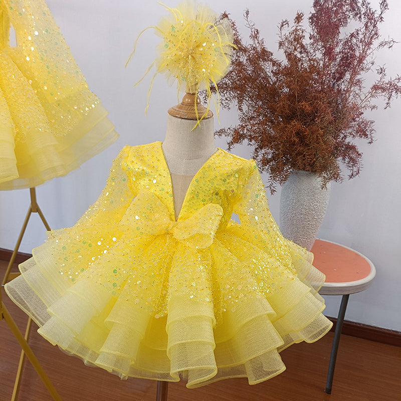 Vestido de primera comunión para niña, con lentejuelas, esponjoso, para concurso de belleza, cumpleaños, princesa 