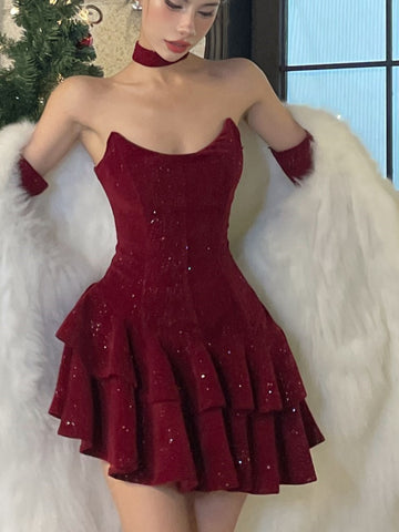 Minivestido de terciopelo Y2K para mujer, sin tirantes, con gargantilla, sexy, ajustado, con capas y volantes, corte A, para fiesta de cumpleaños, noche, graduación 