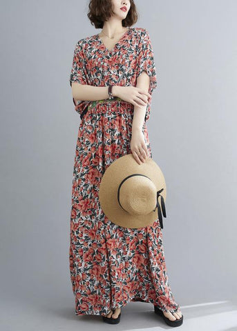 Style Red Print Button Summer Cotton Dress