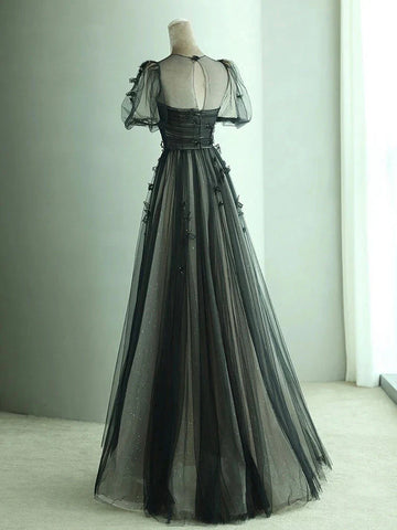 Black A-Line Tulle Butterfly Long Prom Dress Evening Dress