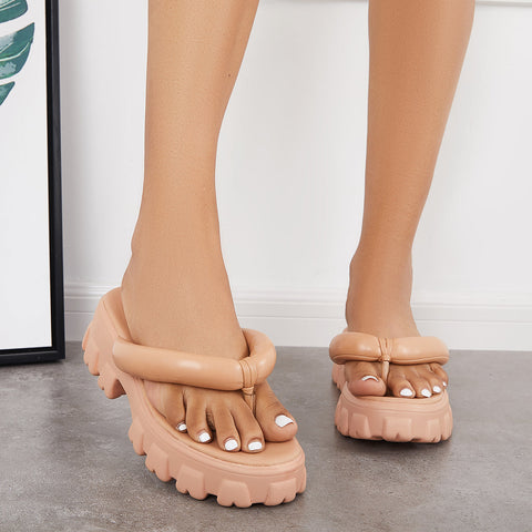Gepolsterte Plateau-Flip-Flops mit dicken Riemen, Sandalen, Strandpantoffeln 