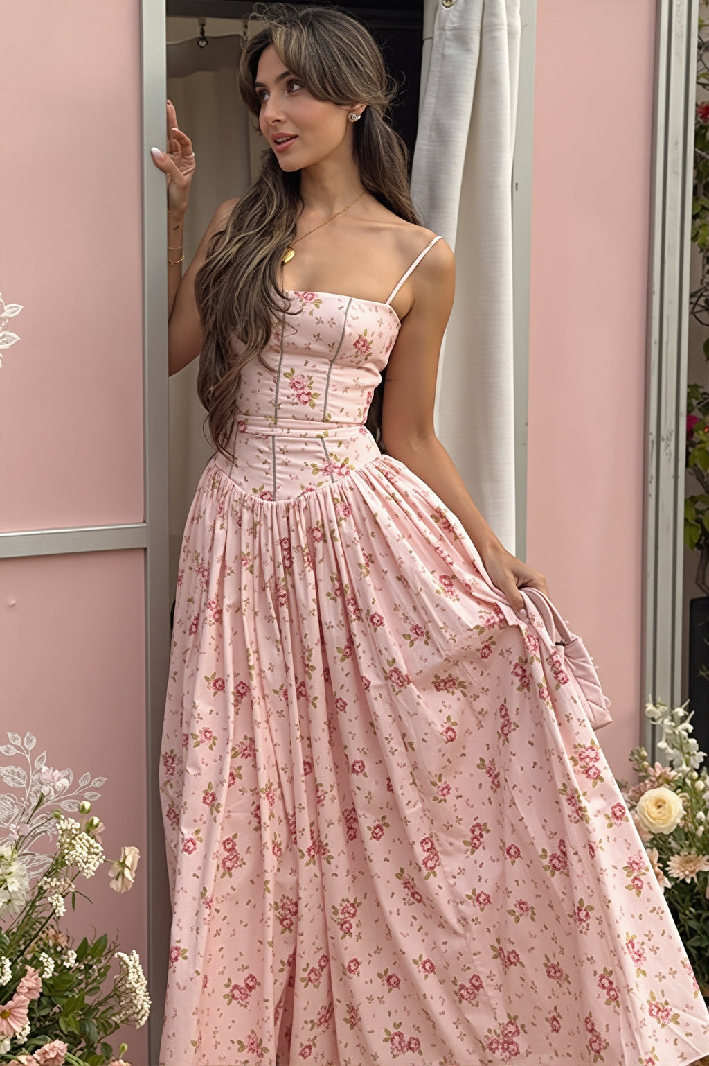 Chic Vintage Floral Cami Slim Fit Maxi Dress