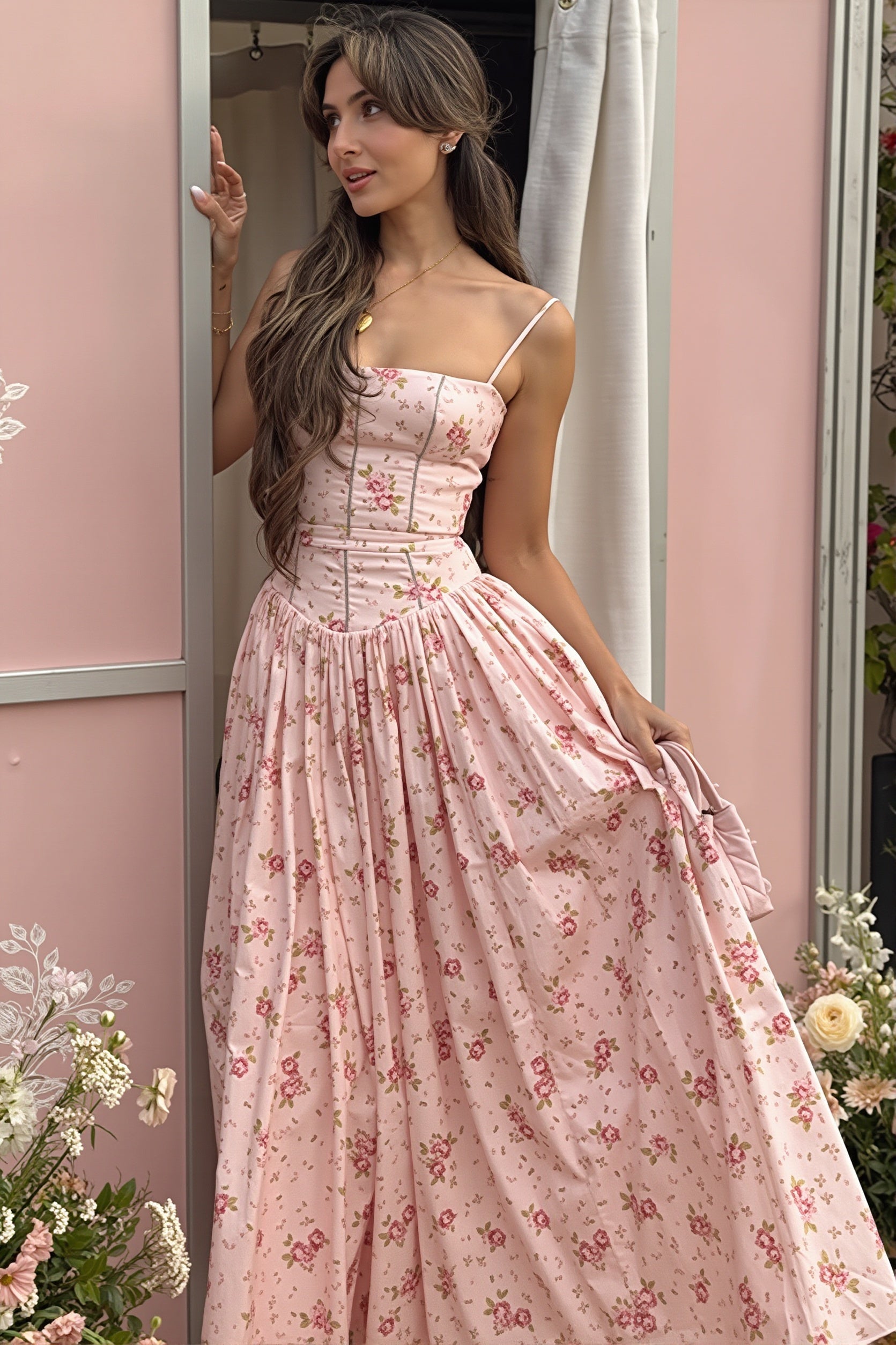 Chic Vintage Floral Cami Slim Fit Maxi Dress