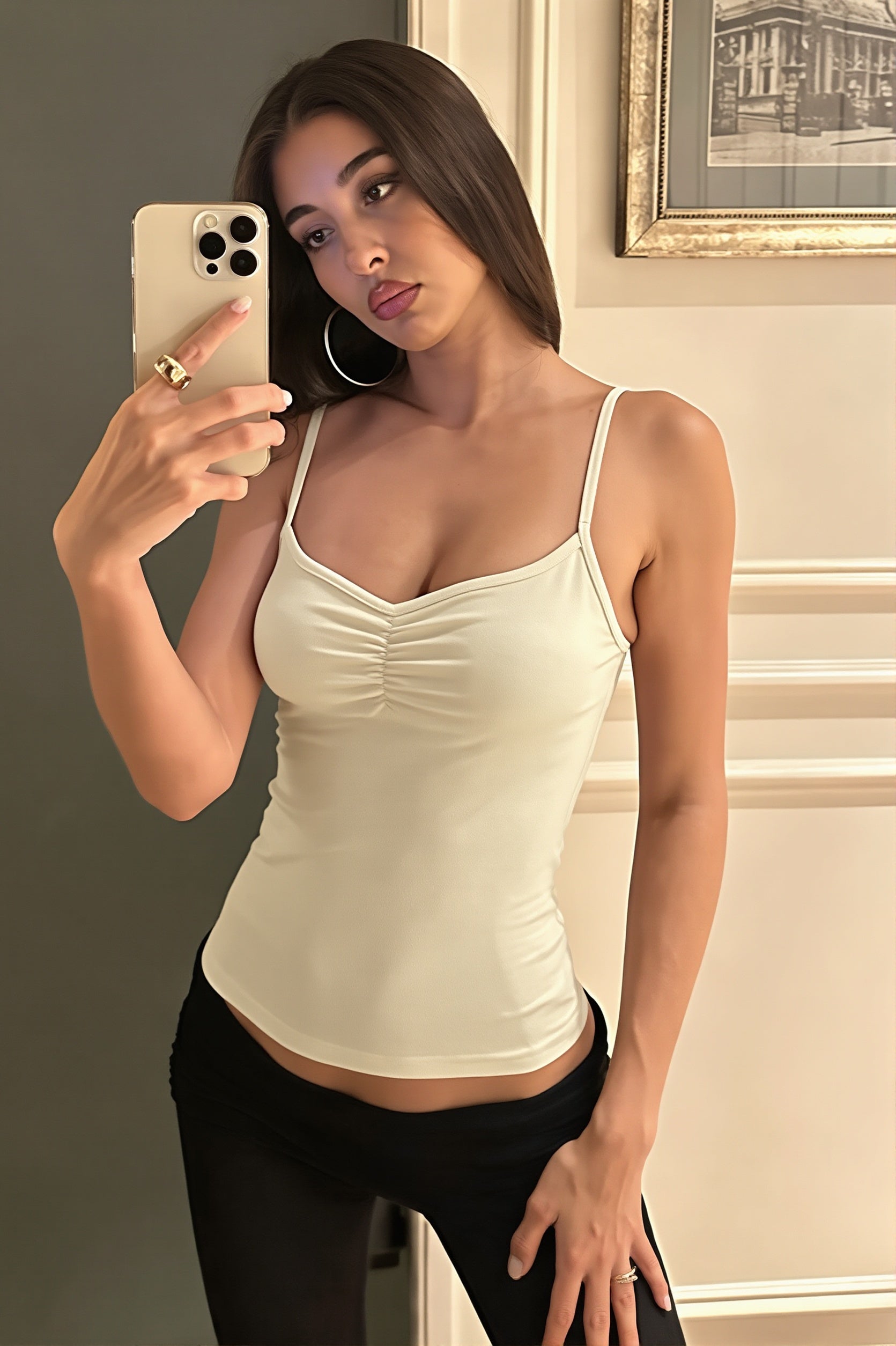 Ruched Strap Slim Fit Casual Layering Cami Top