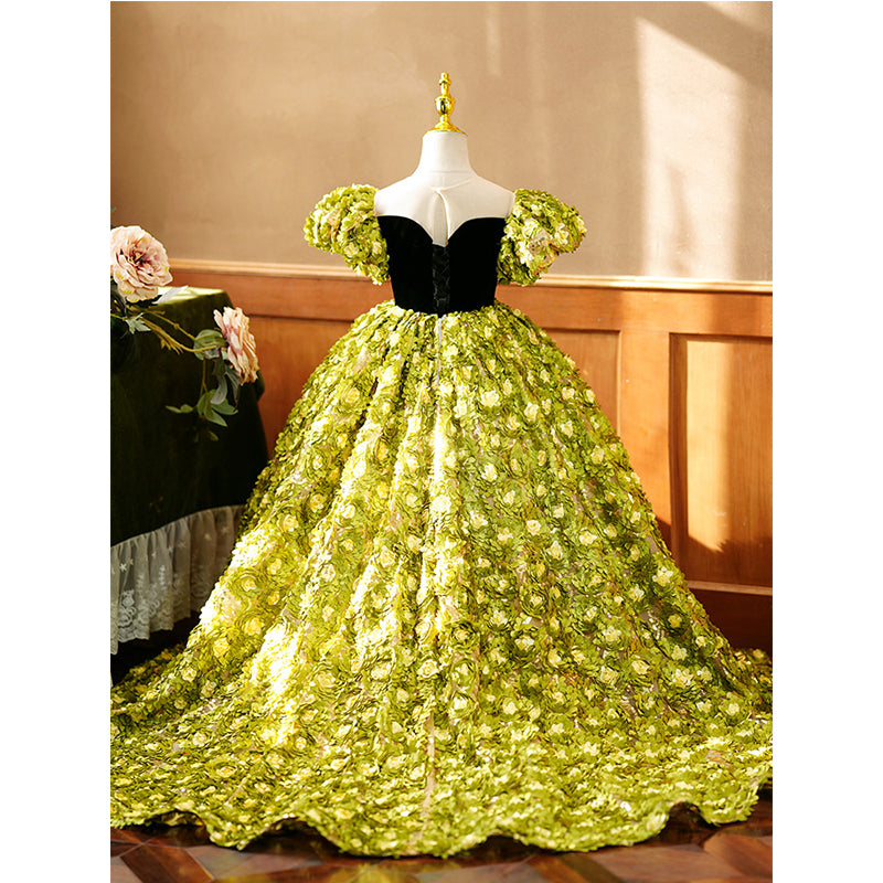 Vestido de niña de las flores con contraste de color verde floral, mangas abullonadas, vestido de comunión princesa con cola 