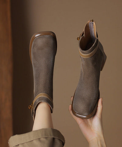 Modische klobige Stiefel mit Reißverschluss und Rindsleder in Khaki 