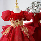 Mädchen-Weihnachtskleid, Baby-Kommunionskleid, luxuriöses rotes besticktes Prinzessinnenkleid für Hochzeiten und Partys 