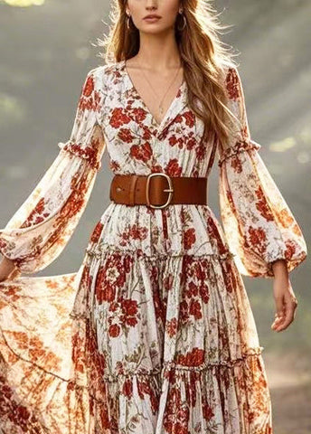 Rotes geblümtes Kleid aus Baumwolle mit extra großem Saum und Laternenärmeln 