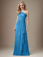 Rubinrotes Etuikleid mit One-Shoulder-Schulter und Metallic-Mesh-Optik, Brautmutterkleid